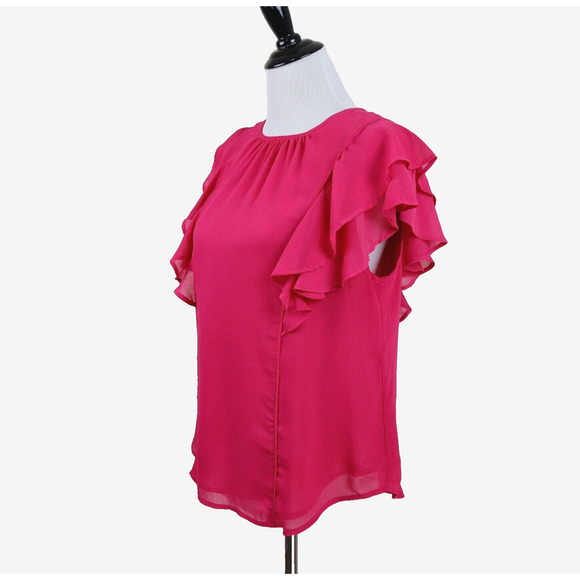 Ann Taylor Size M Flutter Sleeve Blouse Crinkle Chiffon Fuchsia Pink - Picture 1 of 12